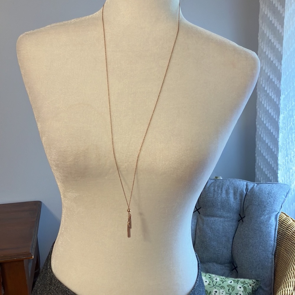 J Crew rose gold delicate double tassel pendant long chain necklace NWT - Picture 3 of 7